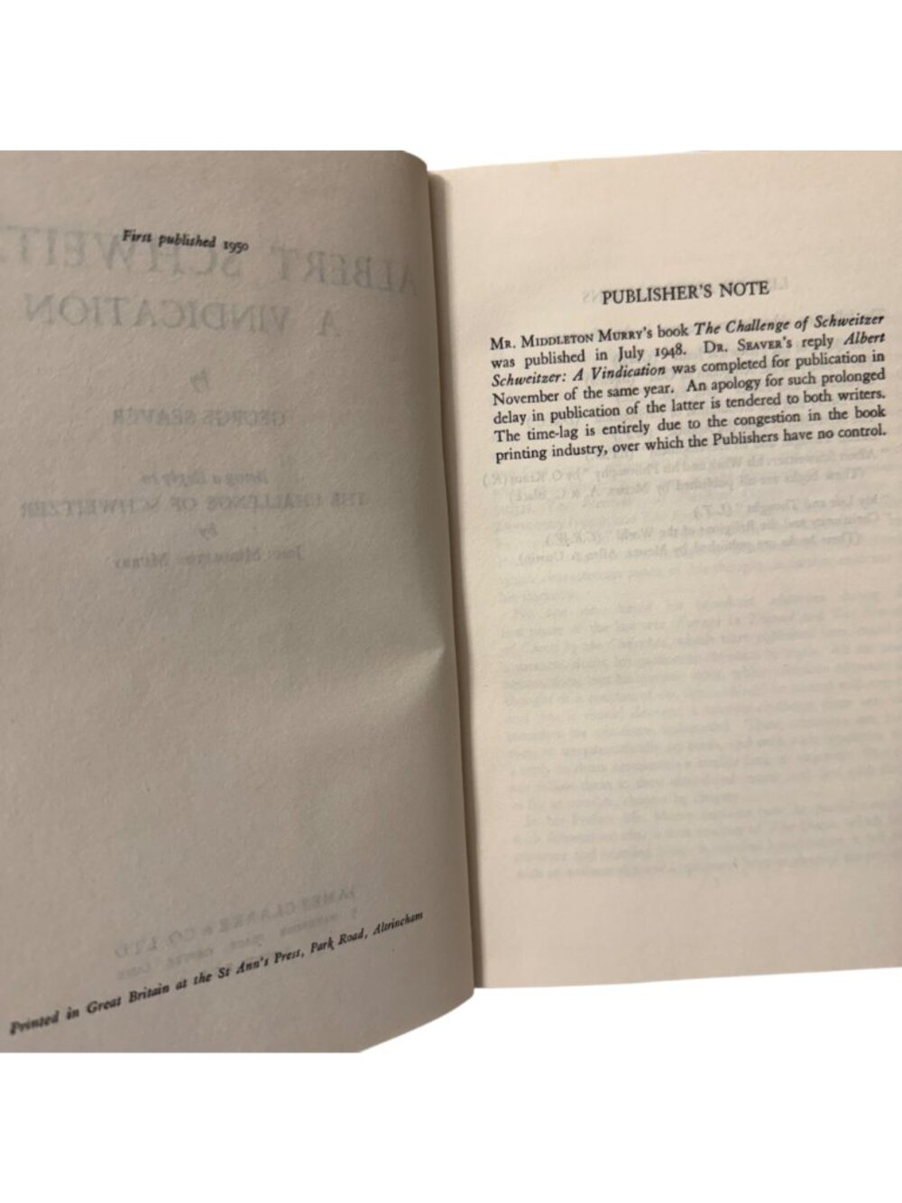 Albert Schweitzer A Vindication George Seaver HC 1950 First Edition James Clark - Picture 3 of 16